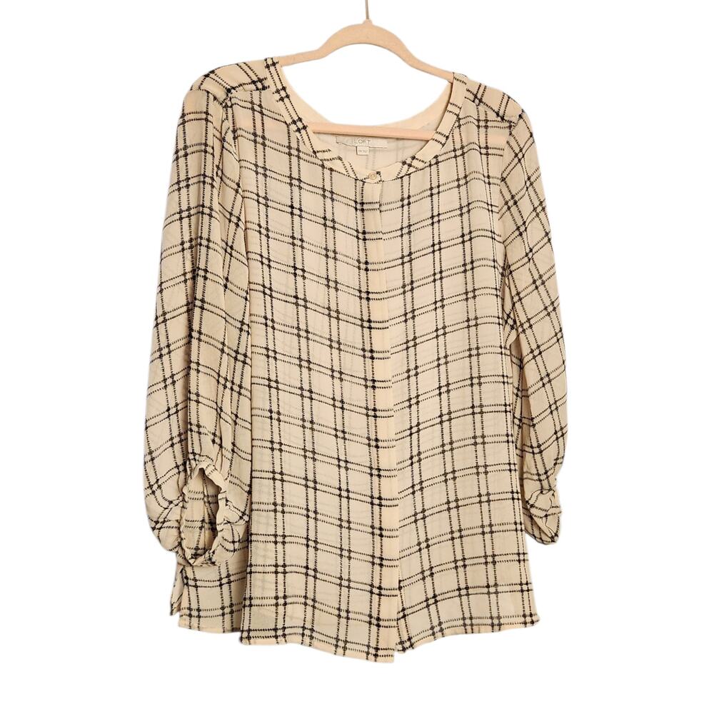 LOFT Size XXL Button-Down Blouse Sheer Graphic Striped - Tan & Black Top